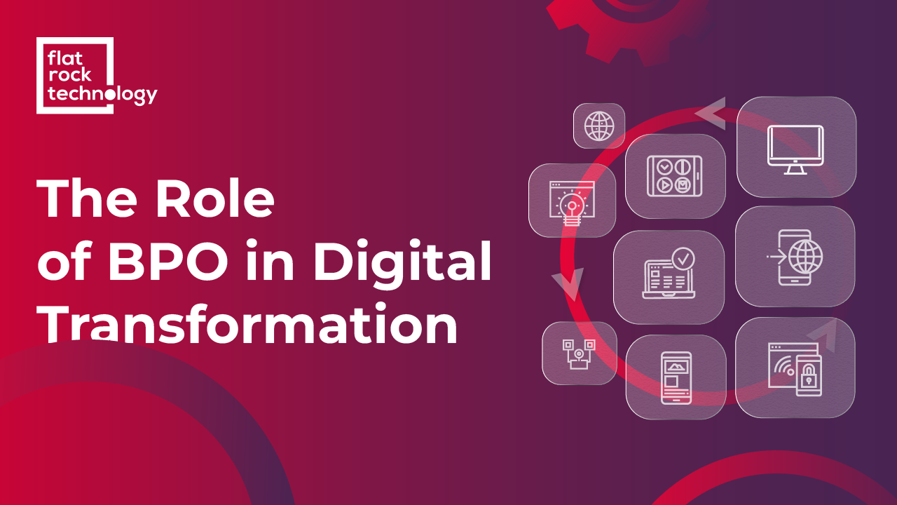 An illustration of various digital tools and modern technologies around a circle, implying that they are all interconnected. The illustration reads: "The Role of BPO in Digital Transformation."