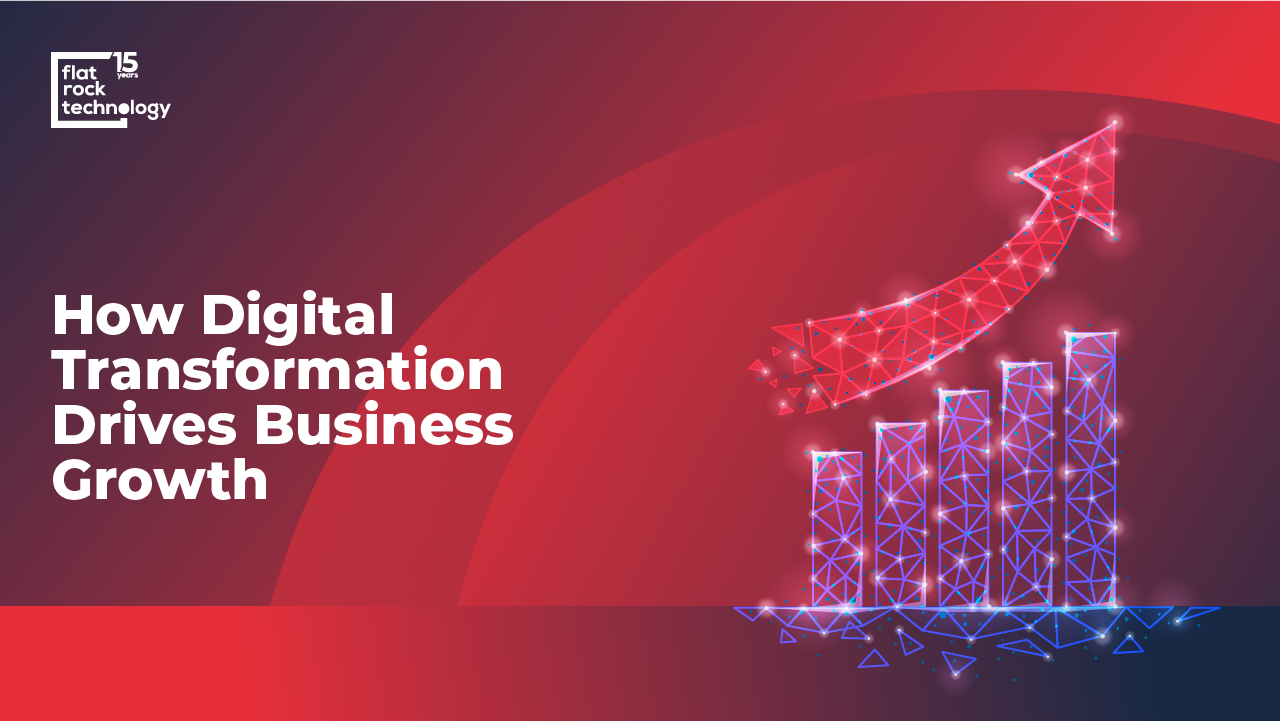 An illustration of digital business graph that shows increase. The banner reads: "How Digital Transformation Drives Business Growth."