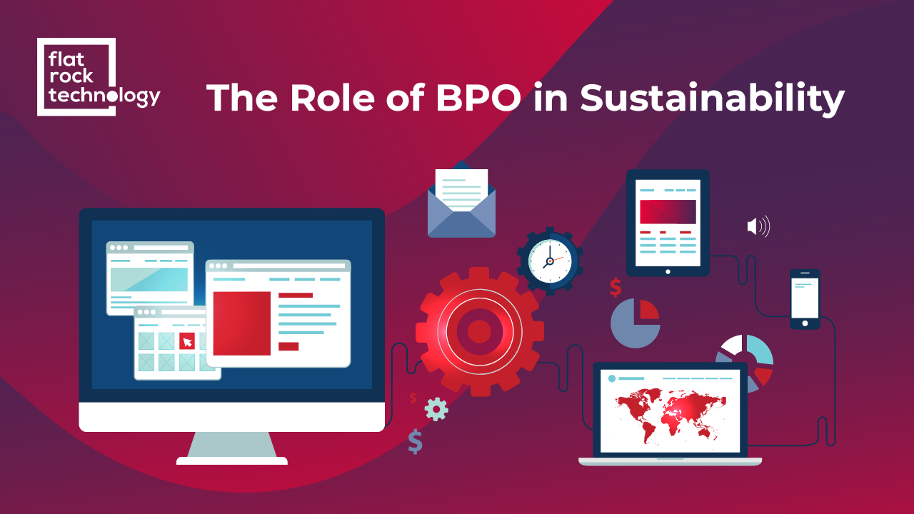 An illustration of different technologies and processes involved in Business Process Outsourcing. The banner reads: "The Role of BPO in Sustainability."
