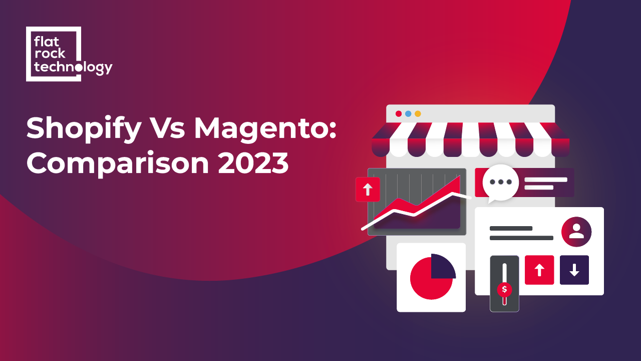 An illustration of e-commerce store. The banner reads: "Shopify vs. Magento: Comparison 2023."