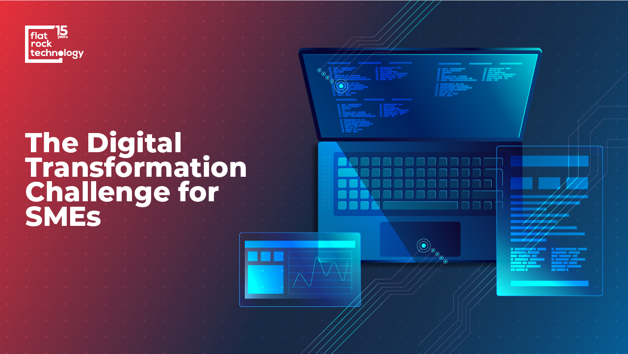 An illustration of digital technologies and stats. The banner reads: "The Digital Transformation Challenge for SMEs."