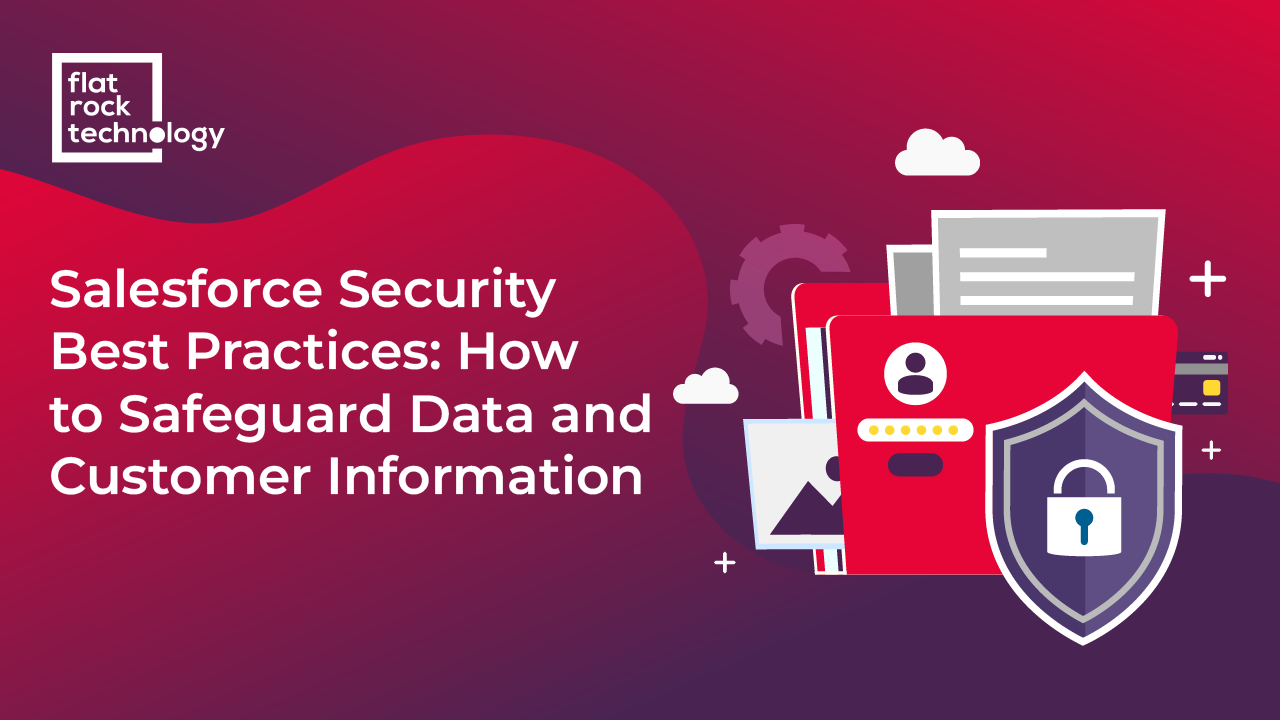 An illustration of different cyberthreats and protection systems. The banner reads: "Salesforce Security Best Practices: How to Safeguard Data and Customer Information."