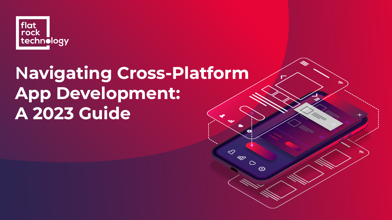 An illustration of a mobile phone with an app open. The banner reads: Navigating Cross-Platform App Development: A 2023 Guide.