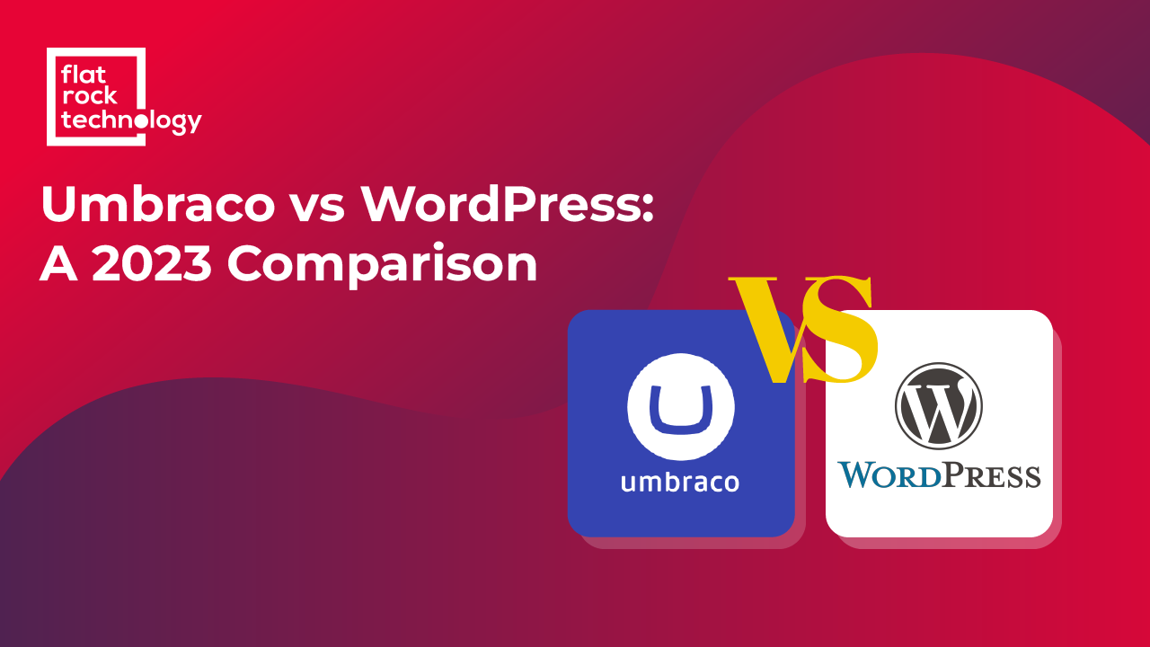 An illustration with Umbraco and WordPress logos with a VS in between them. The banner reads: Umbraco vs. WordPress: A 2023 Comparison