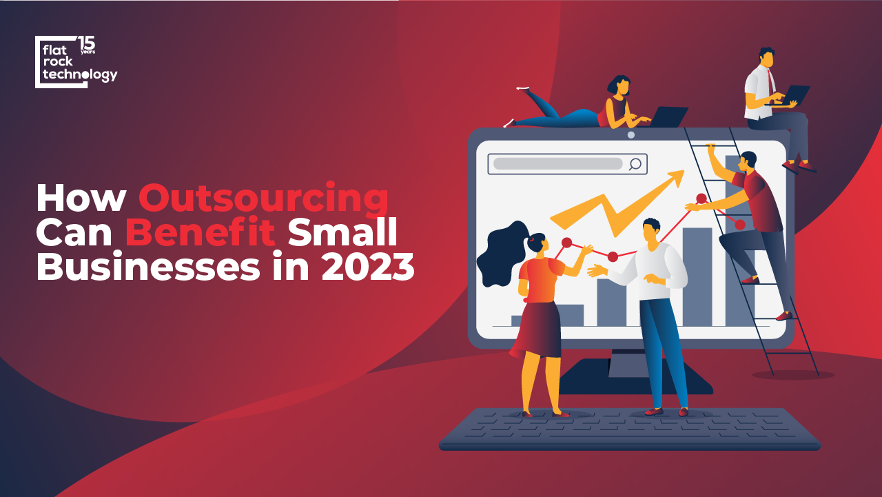 An illustration of people discussing business, with different graphs showing in the background. The banner reads: "How Outsourcing can Benefit Small Businesses in 2023."