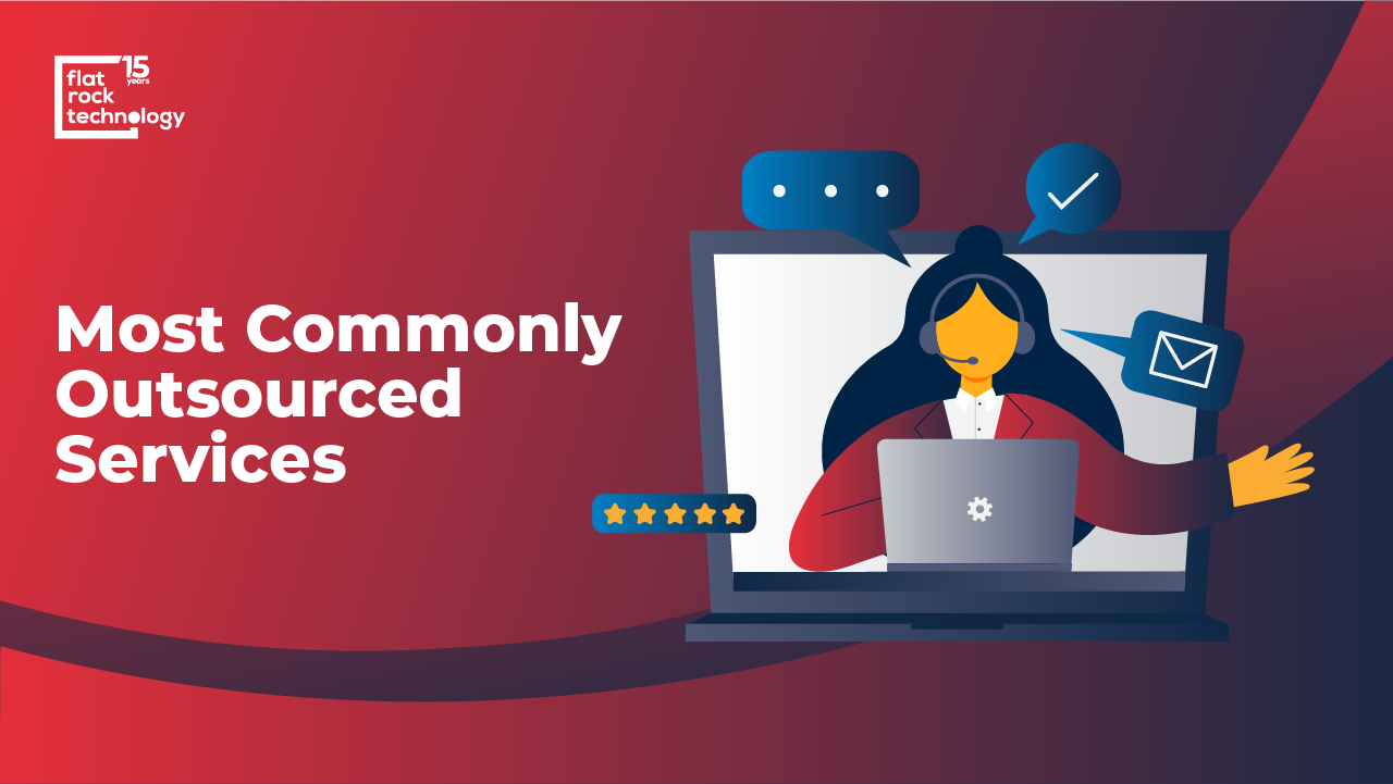 An illustration of a person with a laptop, working. The banner reads: "Most Commonly Outsourced Services."