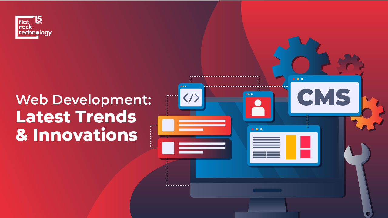 An illustration of a computer desktop with various web development tools. The banner reads: "Web Development: Latest Trends and Innovations."