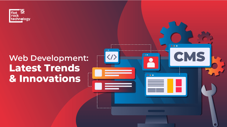 An illustration of a computer desktop with various web development tools. The banner reads: "Web Development: Latest Trends and Innovations."