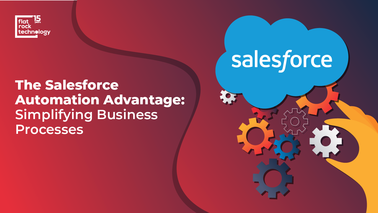 An illustration of a hand, multiple cogs, and a Salesforce cloud. The banner reads: "The Salesforce Automation Advantages: Simplifying Business Processes."
