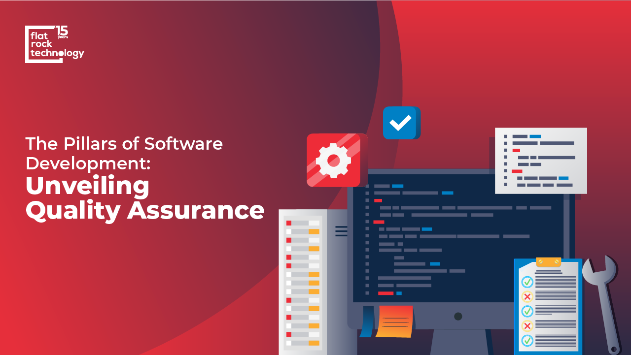 An illustration of different stages of software development process on various digital screens. The banner reads: "The Pillars of Software Development: Unveiling Quality Assurance"