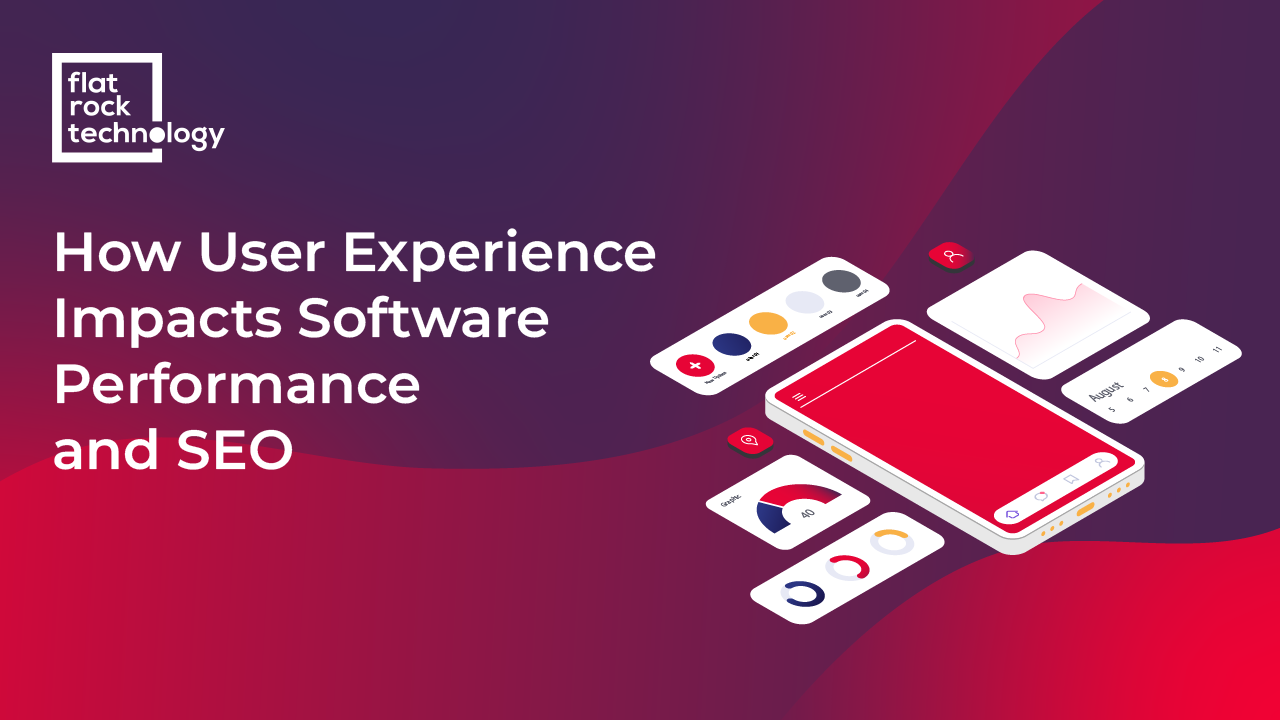 An illustration of difference UX and SEO statistics. The banner reads: How User Experience Impacts Software Performance and SEO.