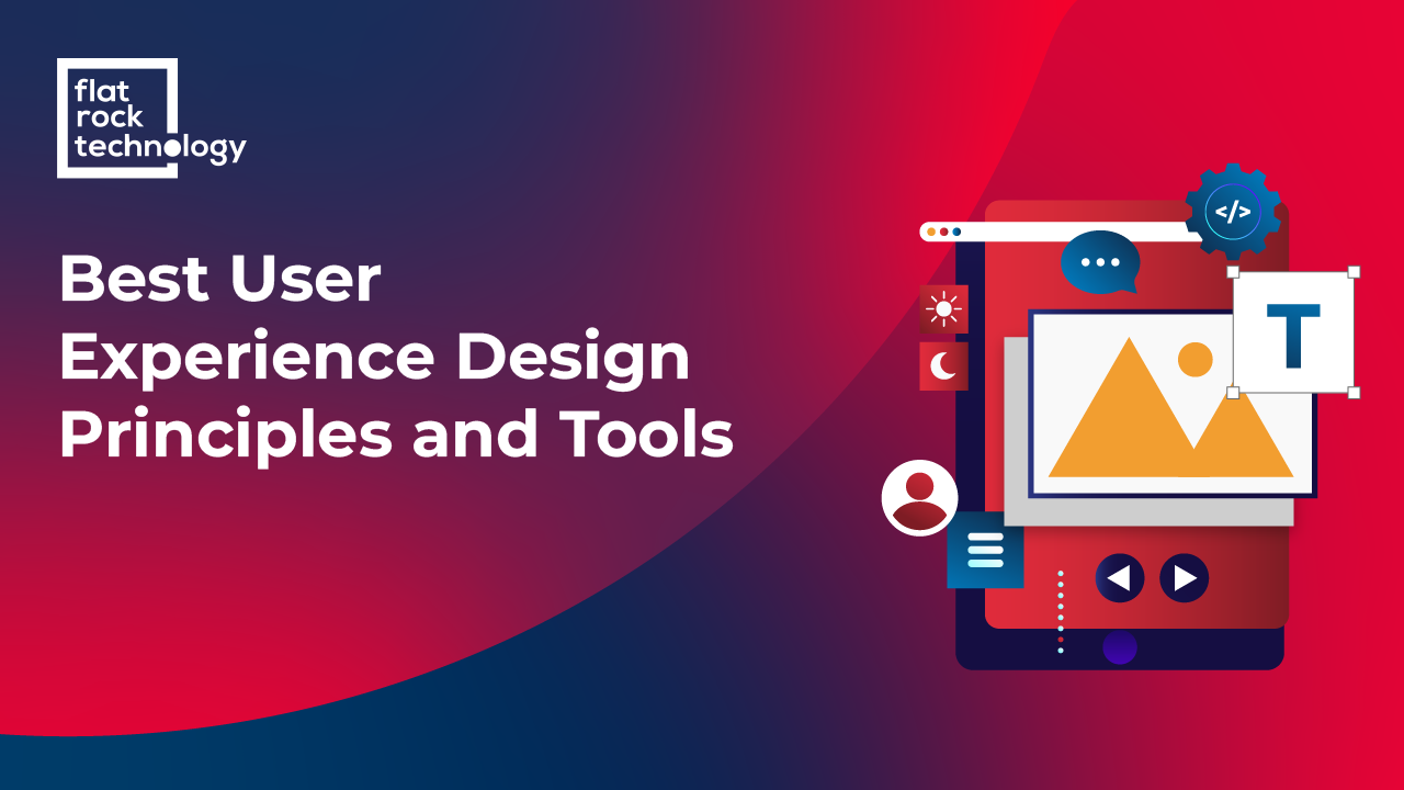 An illustration of different UX graphics. The banner reads: "Best User Experience Design Principles and Tools."